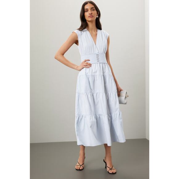 DEREK LAM X RTR Light Blue 100% Cotton Hourglass Cap Sleeve Tiered Dress Size 46 - Picture 2 of 12